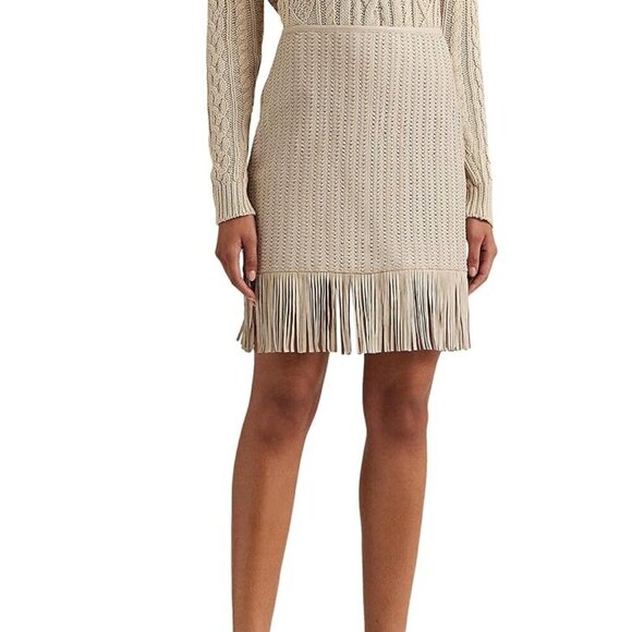 Ralph Lauren Woven Leather Skirt Women's Size 16 Beige Fringe Trim Lined - Picture 1 of 14